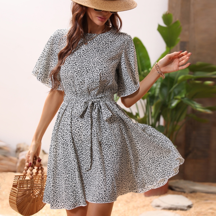 

O-Neck Leopard Print Belted Dress, Size:S(White)