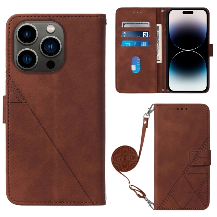 

Crossbody 3D Embossed Flip Leather Phone Case For iPhone 14 Pro(Brown)