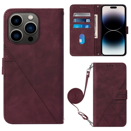 

For iPhone 14 Pro Max Crossbody 3D Embossed Flip Leather Phone Case (Wine Red)