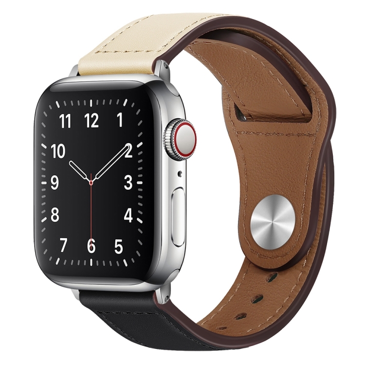 

PU Leather Silver Buckle Watch Band For Apple Watch Series 7 41mm / 6&SE&5&4 40mm / 3&2&1 38mm(Beige and Black)