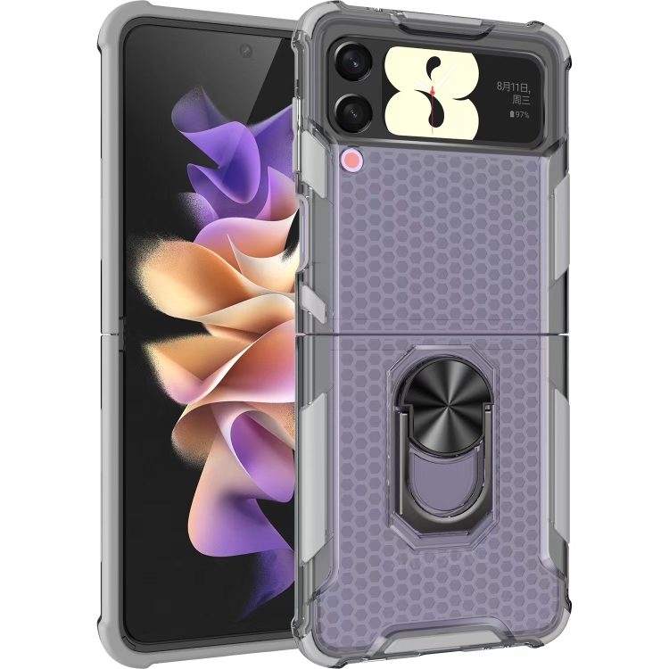 

For Samsung Galaxy Z Flip4 Honeycomb PC + TPU Shockproof Phone Case with Ring Holder(Grey)