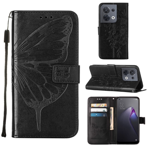 

For OPPO Reno8 Embossed Butterfly Flip Leather Phone Case(Black)