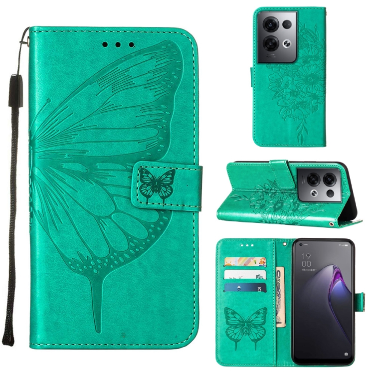 

For OPPO Reno8 Pro+ Embossed Butterfly Flip Leather Phone Case(Green)