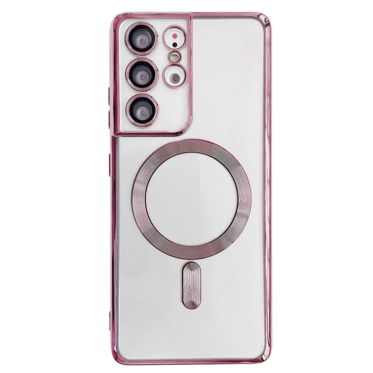 

For Samsung Galaxy S22 Ultra 5G Electroplated Frame MagSafe Magnetic Phone Case(Light Pink)