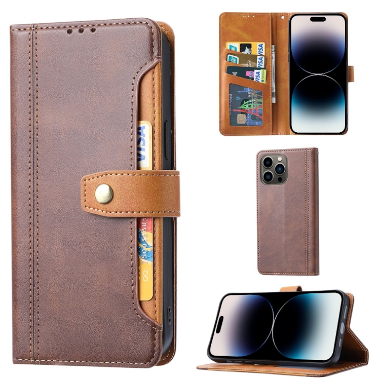 

Calf Texture Double Fold Clasp Horizontal Flip Leather Case For iPhone 14 Pro Max(Brown)