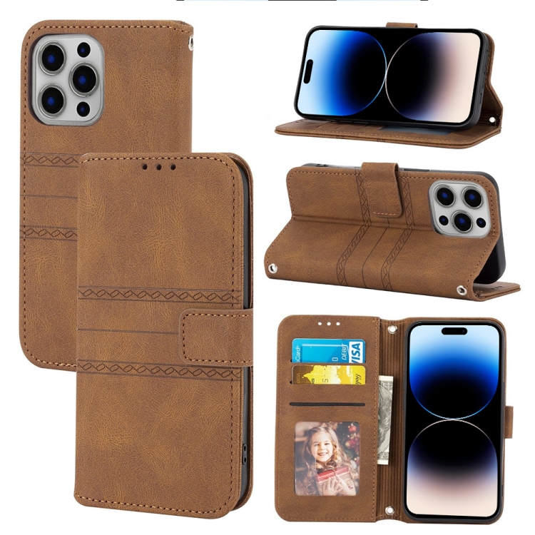 

Embossed Striped Magnetic Case For iPhone 14 Pro(Brown)
