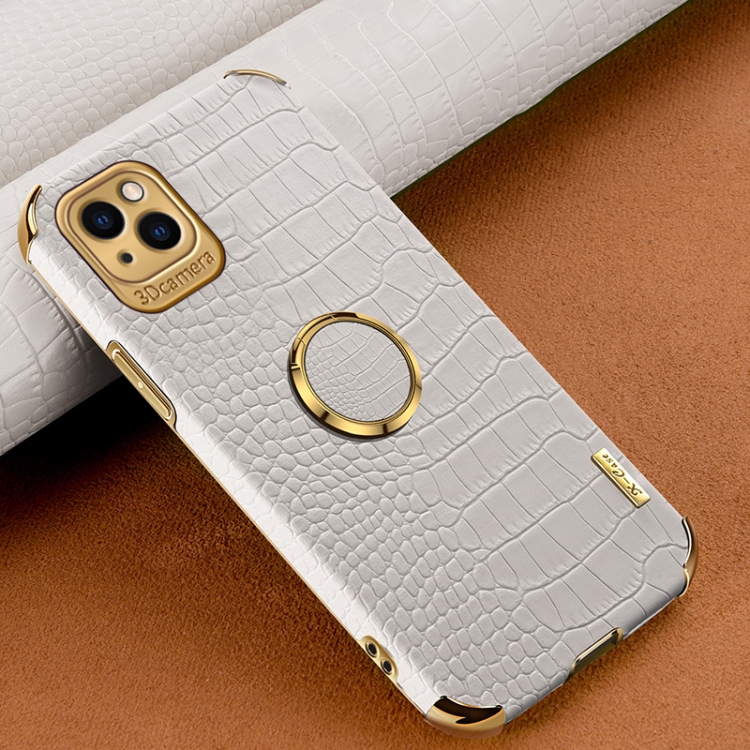 

6D Electroplating Crocodile Texture Phone Case With Holder For iPhone 14 Pro (White)