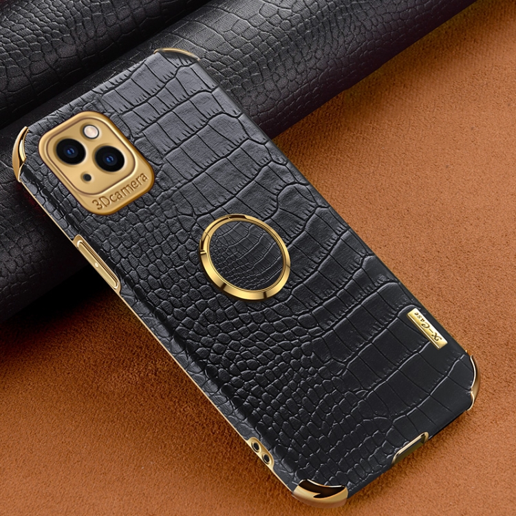 

For iPhone 14 Pro 6D Electroplating Crocodile Texture Phone Case With Holder (Black)