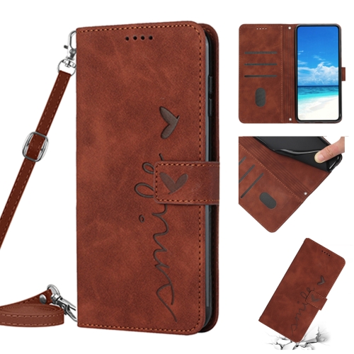 

For OPPO A73 2020 / F17 Skin Feel Heart Pattern Leather Phone Case with Lanyard(Brown)