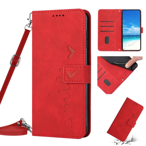 

For OPPO A93 4G / F17 Pro Skin Feel Heart Pattern Leather Phone Case with Lanyard(Red)