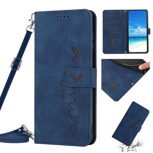 

For Infinix Hot 9 Play/10 Play/11 Paly Skin Feel Heart Pattern Leather Phone Case With Lanyard(Blue)