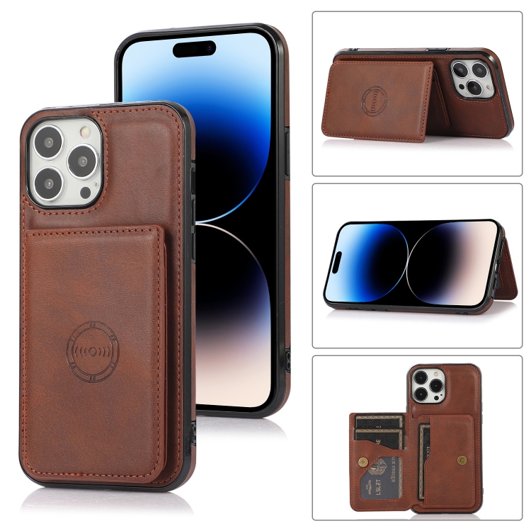 

For iPhone 14 Pro Max Calf Texture Magnetic Card Bag Case (Coffee)
