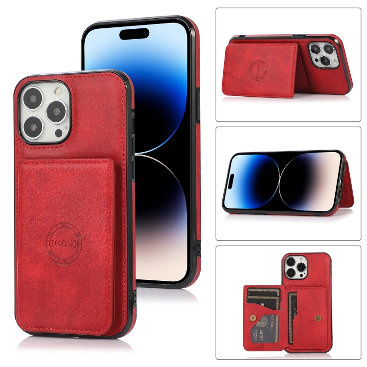 

For iPhone 14 Pro Calf Texture Magnetic Card Bag Case(Red)