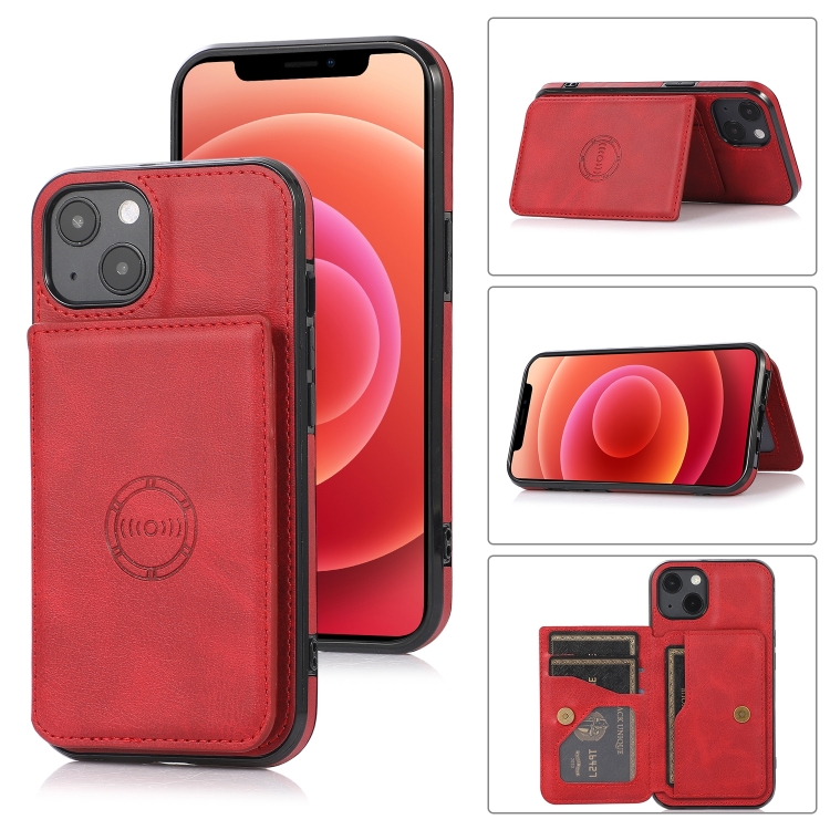 

For iPhone 14 Calf Texture Magnetic Card Bag Case (Red)