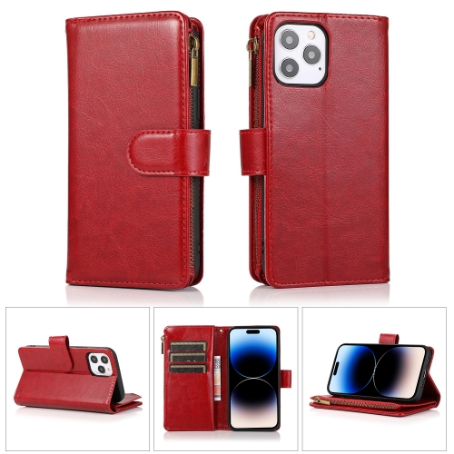 

Multifunctional 9 Card Slots Leather Case For iPhone 14 Pro Max(Red)