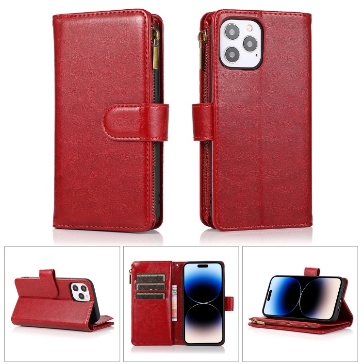 

For iPhone 14 Pro Multifunctional 9 Card Slots Leather Case(Red)