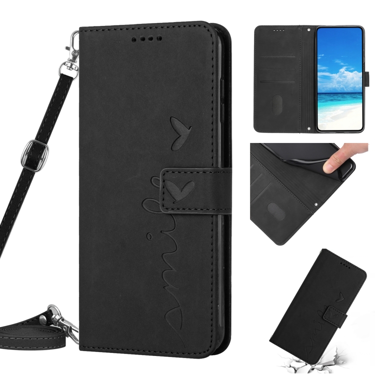 

For Motorola Moto G52 Skin Feel Heart Pattern Leather Phone Case With Lanyard(Black)