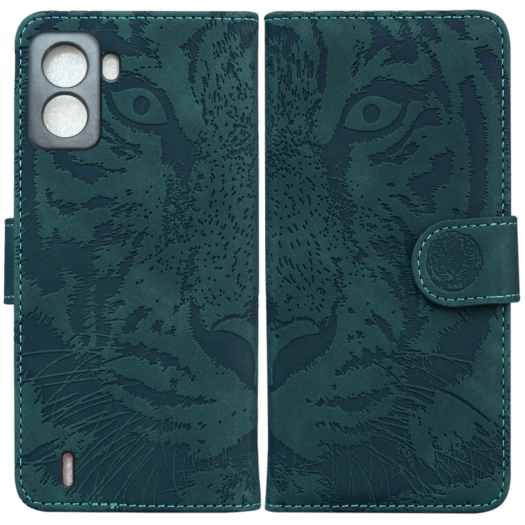 

For Tecno Pop 6 No Fingerprints Tiger Embossing Pattern Horizontal Flip Leather Phone Case(Green)