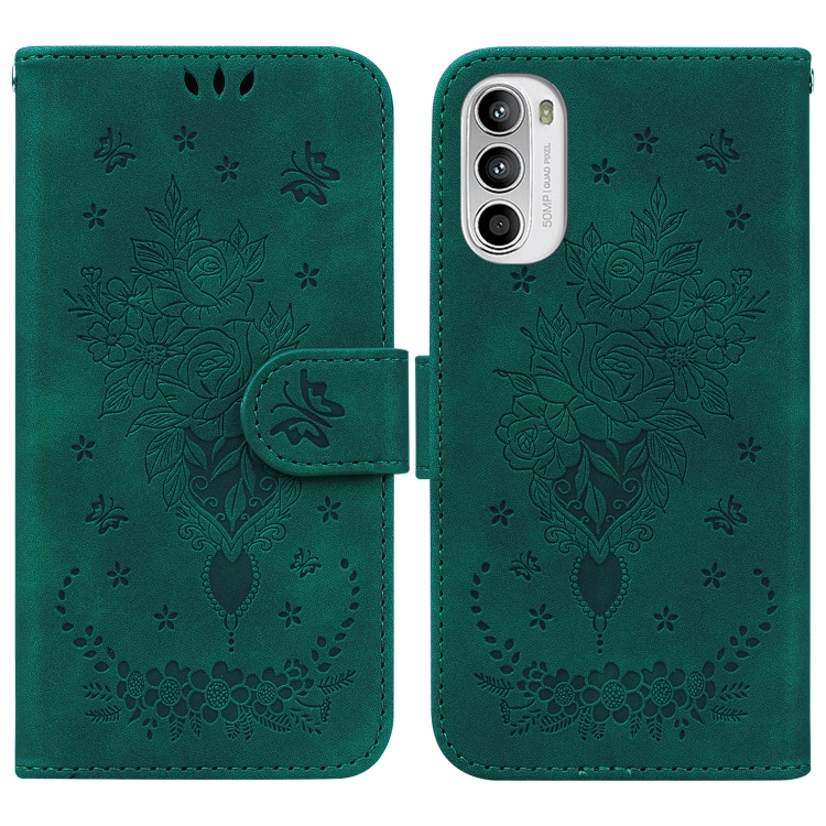 

For Motorola Moto G62 5G Butterfly Rose Embossed Leather Phone Case(Green)