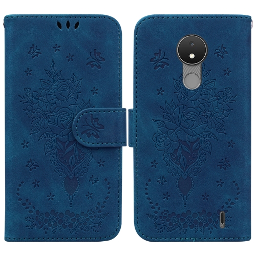 

For Nokia C21 Butterfly Rose Embossed Leather Phone Case(Blue)