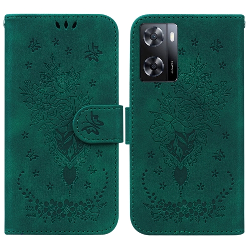 

For OPPO A57 2022 4G/A57 2022 5G/Realme Q5i/Realme V23 5G/Realme Narzo 50 5G/A77 5G Butterfly Rose Embossed Leather Phone Case(Green)