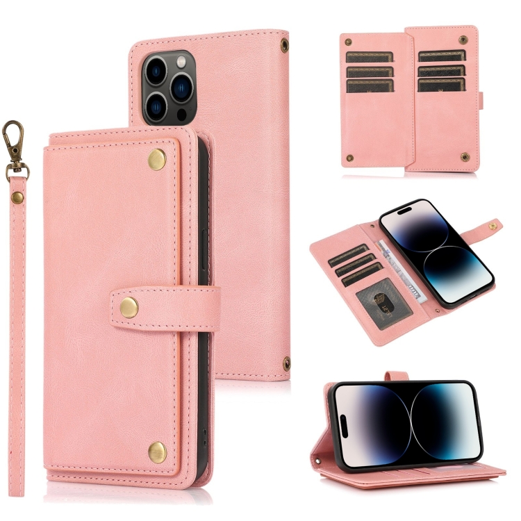 

Lanyard Leather Phone Case For iPhone 14 Pro Max(Pink)
