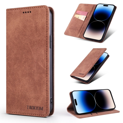 

For iPhone 14 Pro Max TAOKKIM Retro Matte Leather Case (Brown)