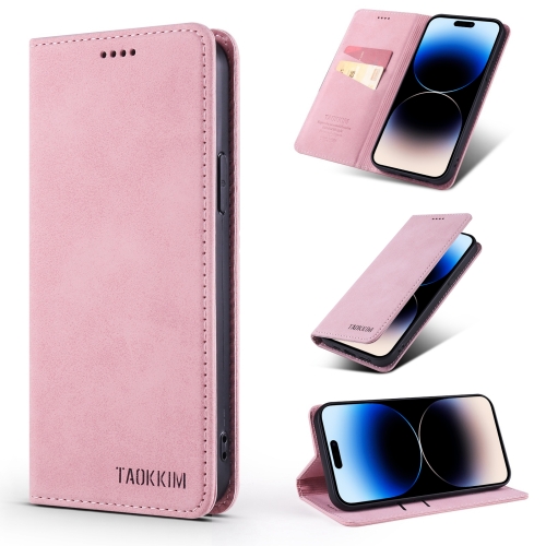 

For iPhone 14 Pro TAOKKIM Retro Matte Leather Case(Pink)