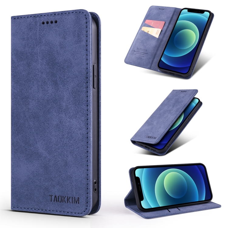 

For iPhone 14 TAOKKIM Retro Matte Leather Case (Blue)