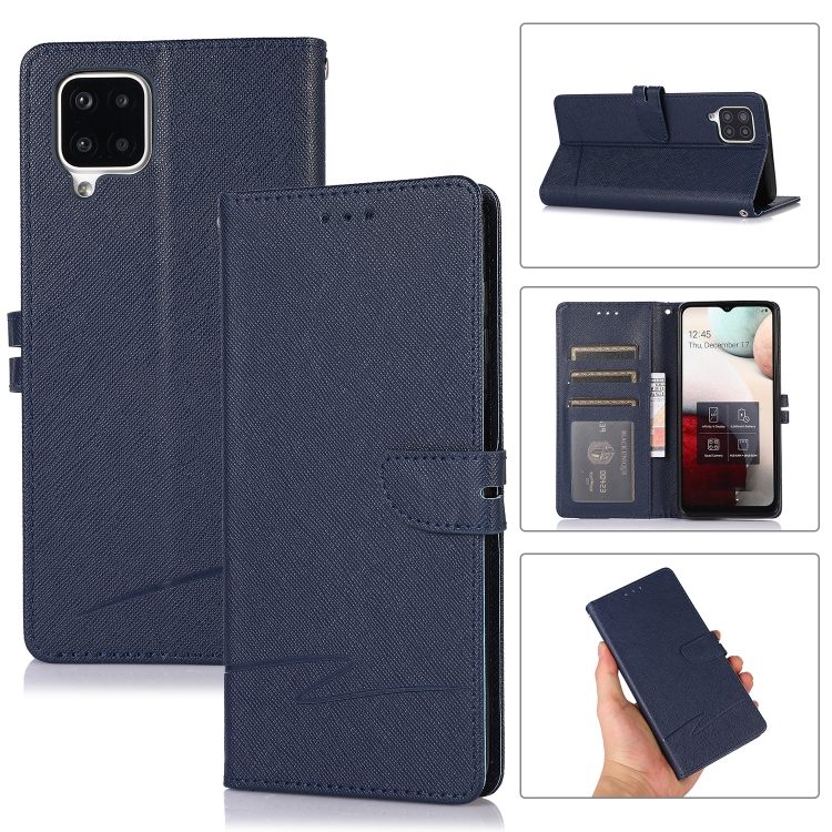 

For Samsung Galaxy A12 Cross Texture Horizontal Flip Leather Phone Case(Dark Blue)