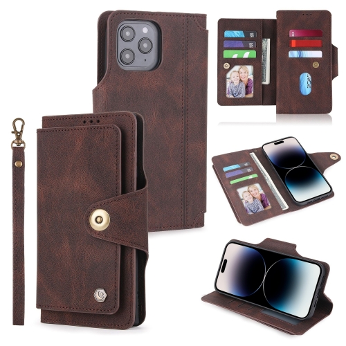 

POLA 9 Card-slot Oil Side Leather Phone Case For iPhone 14 Pro Max(Brown)