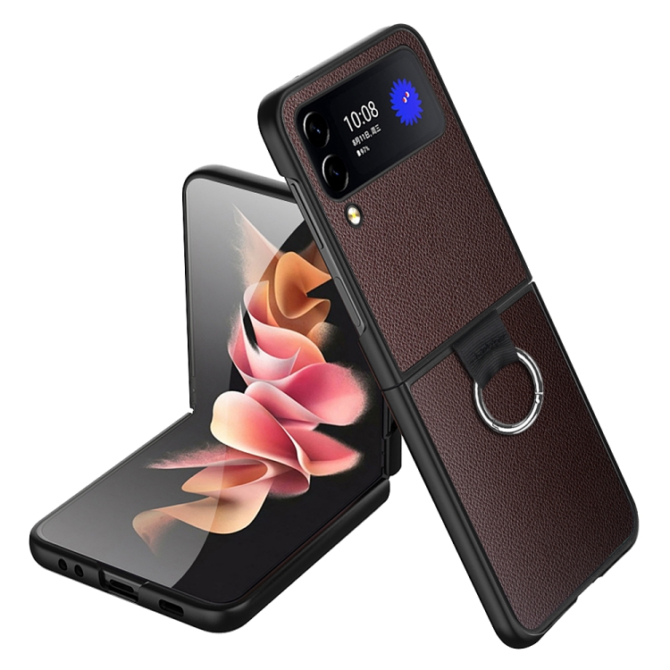 

For Samsung Galaxy Z Flip4 Litchi Texture Protective Phone Case with Ring(Brown)