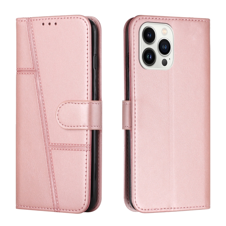 

For iPhone 14 Pro Max Stitching Calf Texture Buckle Leather Phone Case (Pink)