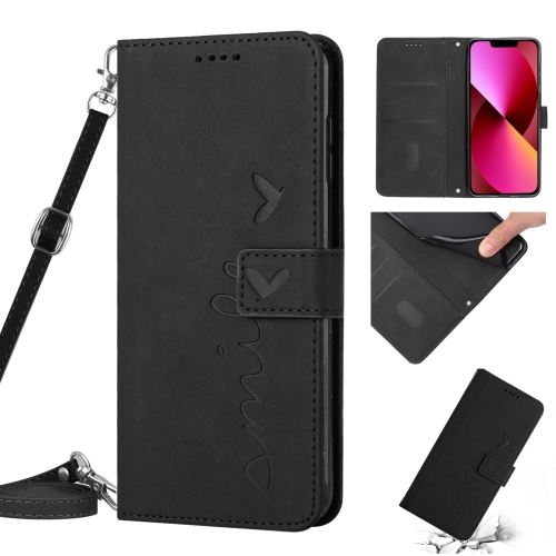 

Skin Feel Heart Pattern Leather Phone Case With Lanyard For iPhone 14(Black)