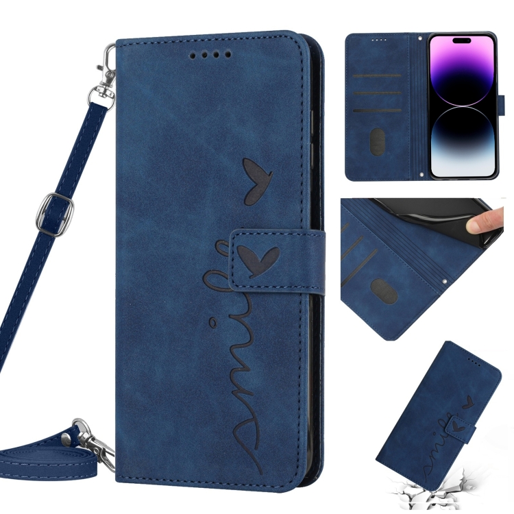

For iPhone 14 Pro Max Skin Feel Heart Pattern Leather Phone Case With Lanyard (Blue)