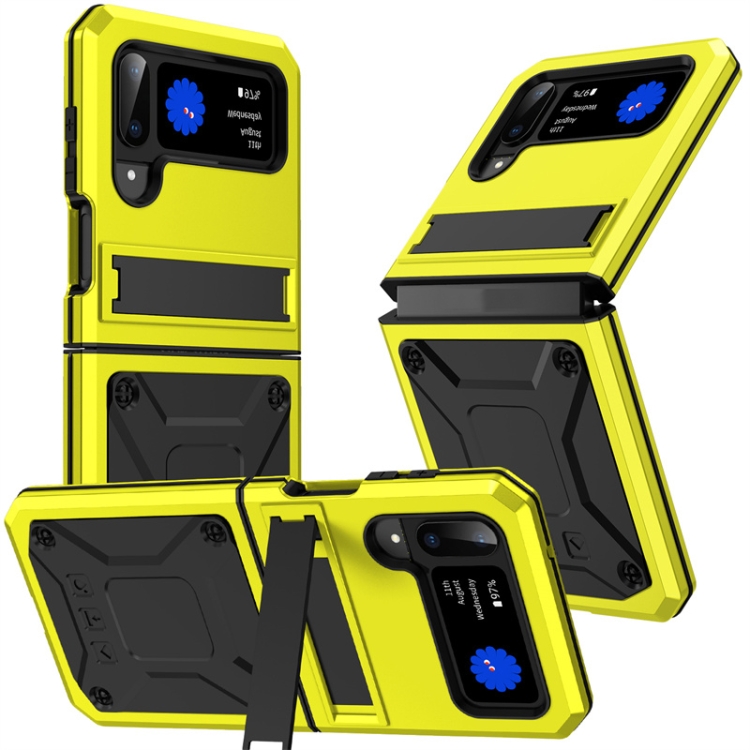 

For Samsung Galaxy Z Flip4 Metal Shock-proof Phone Case With Holder(Yellow)