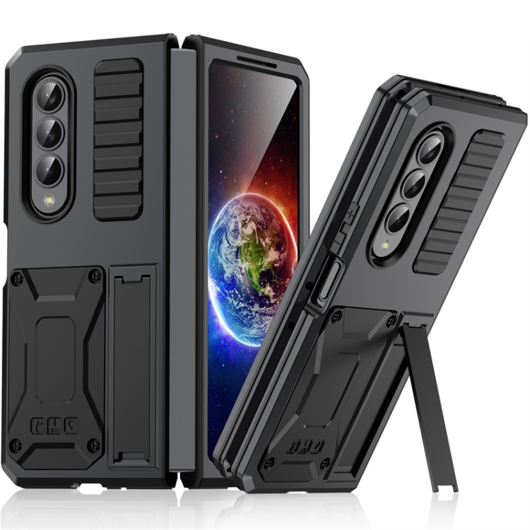 

For Samsung Galaxy Z Fold4 Metal Shock-proof Phone Case With Holder(Black)