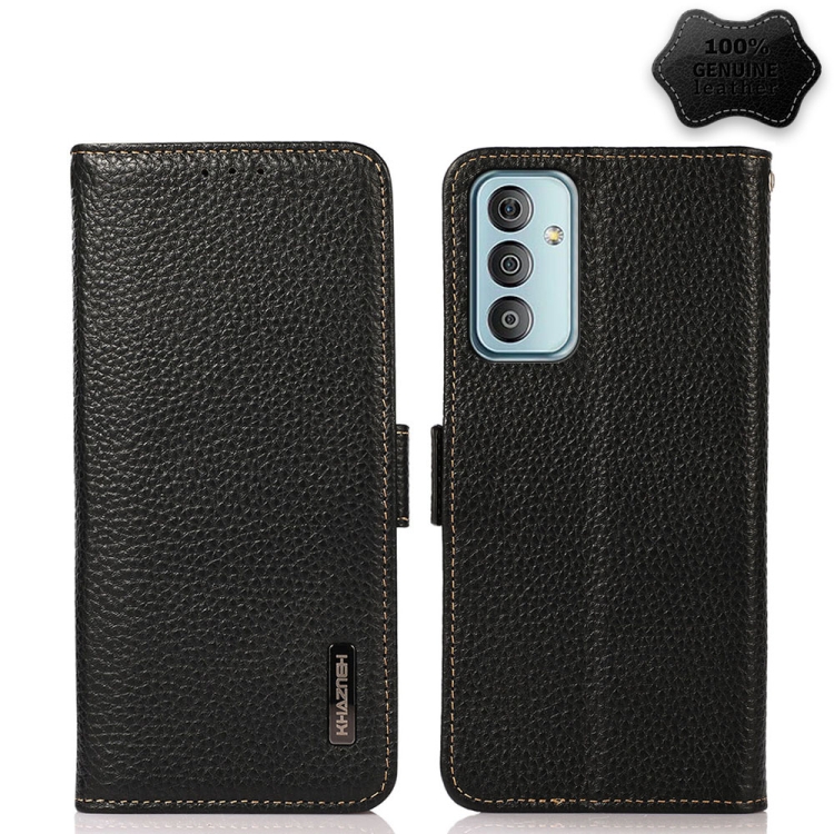 

For Samsung Galaxy M13 4G KHAZNEH Side-Magnetic Litchi Genuine Leather RFID Phone Case(Black)