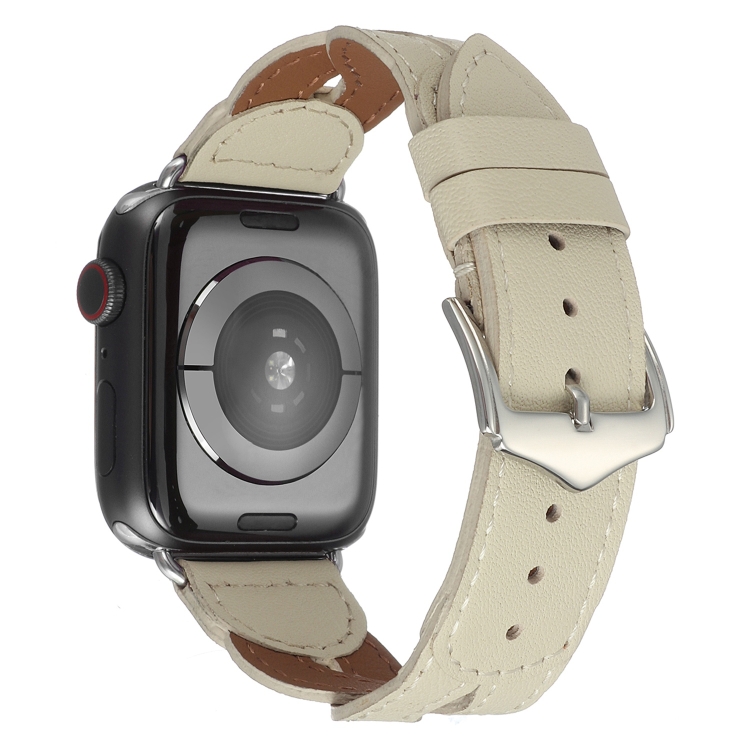 

Twist Stitched Genuine Leather Watch Band For Apple Watch Series 7 45mm / 6&SE&5&4 44mm / 3&2&1 42mm(Beige)