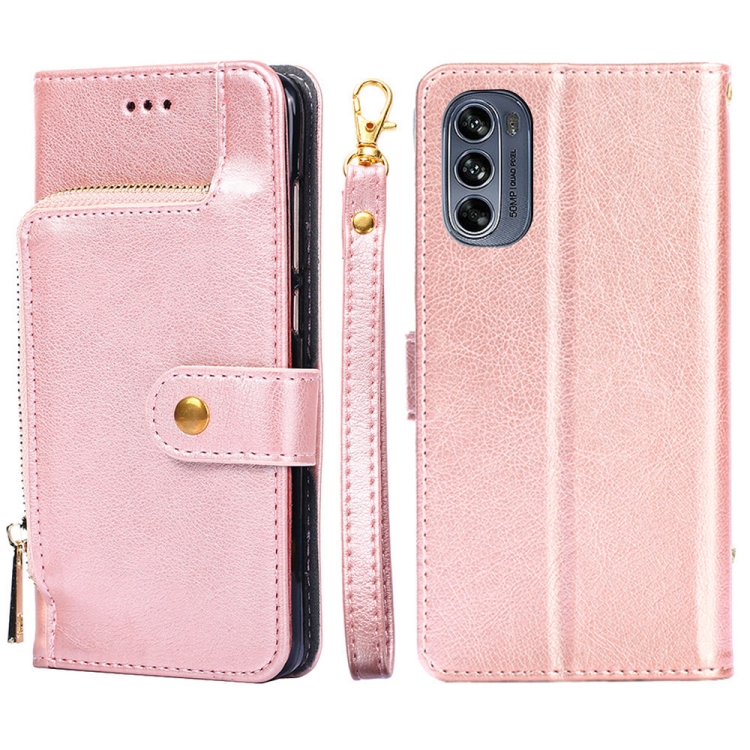 

For Motorola Moto G62 5G Zipper Bag Leather Phone Case(Rose Gold)