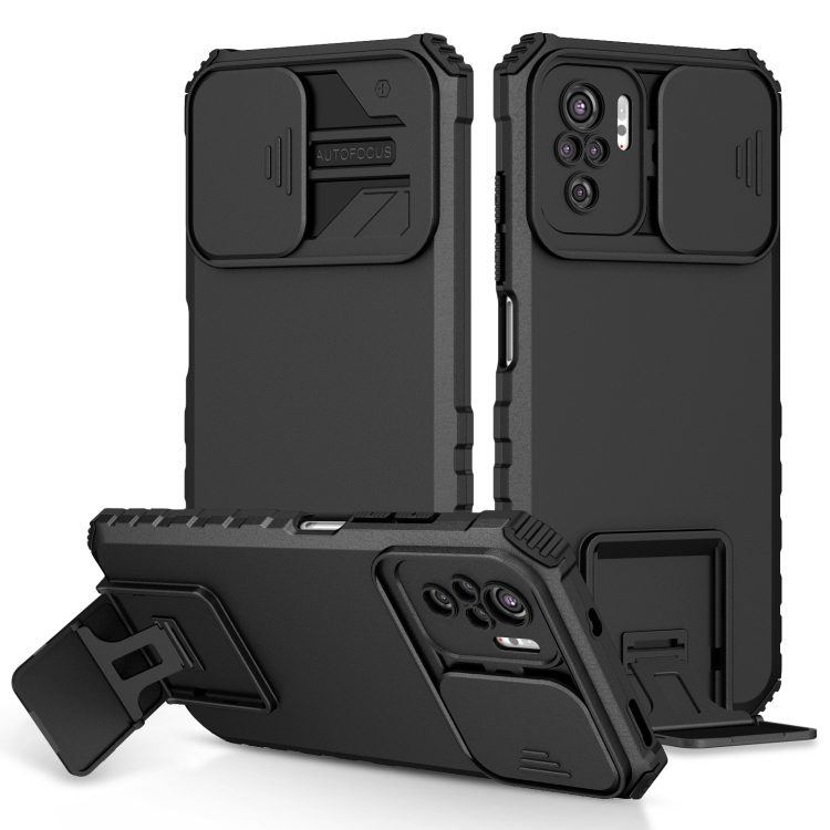 

For Xiaomi Redmi Note 10 4G Stereoscopic Holder Sliding Camshield Phone Case(Black)