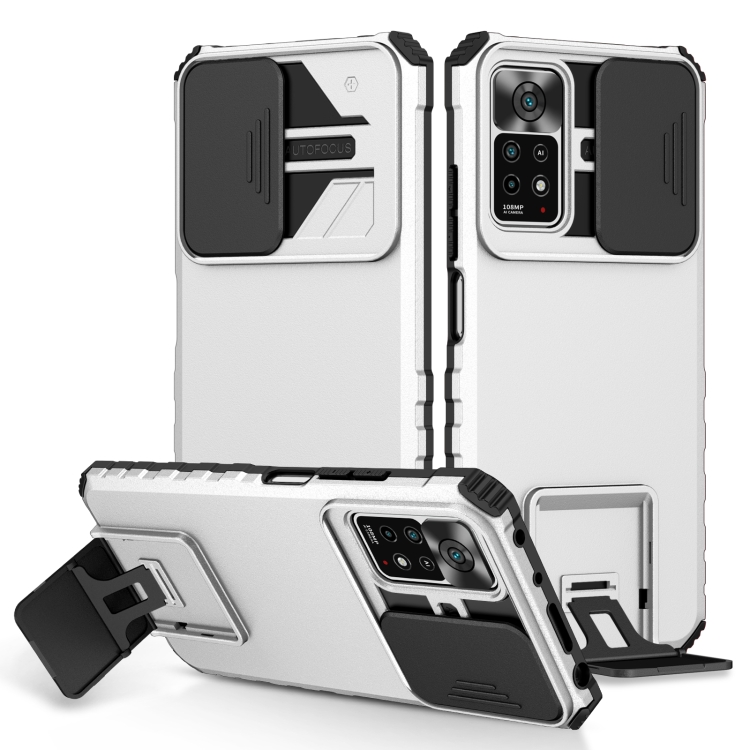 

For Xiaomi Redmi Note 10 Pro Global Stereoscopic Holder Sliding Camshield Phone Case(White)