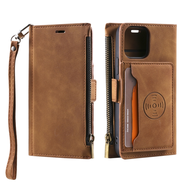 

Zipper Card Leather Phone Case For iPhone 14 Pro(Brown)