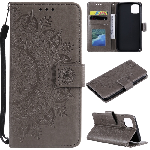 

For iPhone 14 Pro Max Totem Flower Embossed Leather Case (Grey)