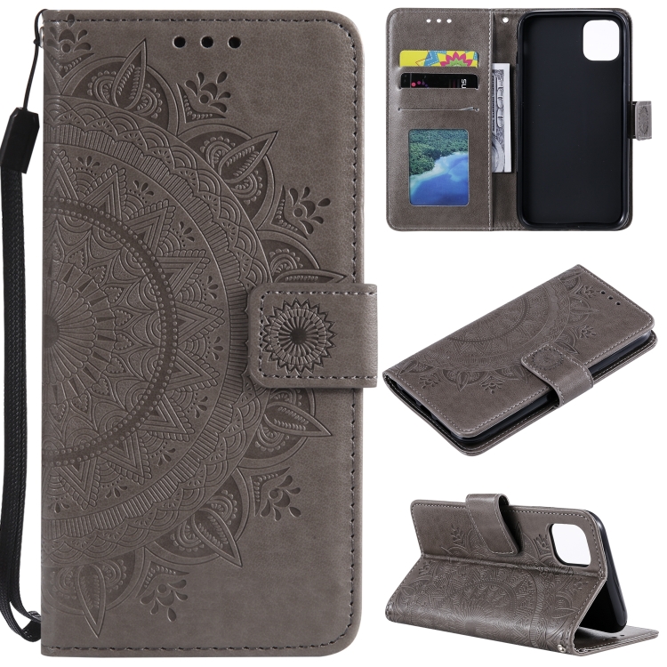 

For iPhone 14 Plus Totem Flower Embossed Leather Case (Grey)
