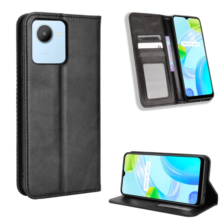

For Realme C30 4G Magnetic Buckle Retro Texture Leather Phone Case(Black)