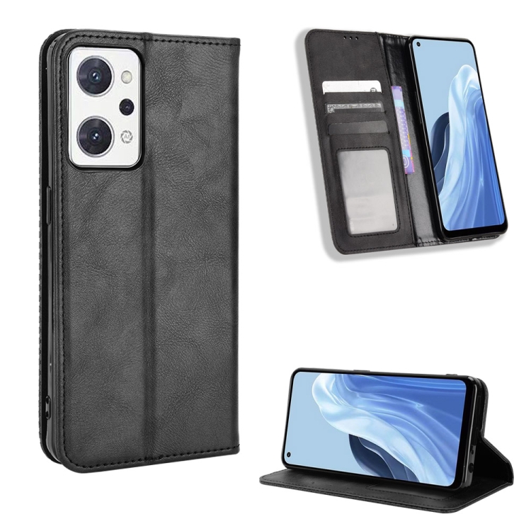 

For OPPO Reno7 A Magnetic Buckle Retro Texture Leather Phone Case(Black)