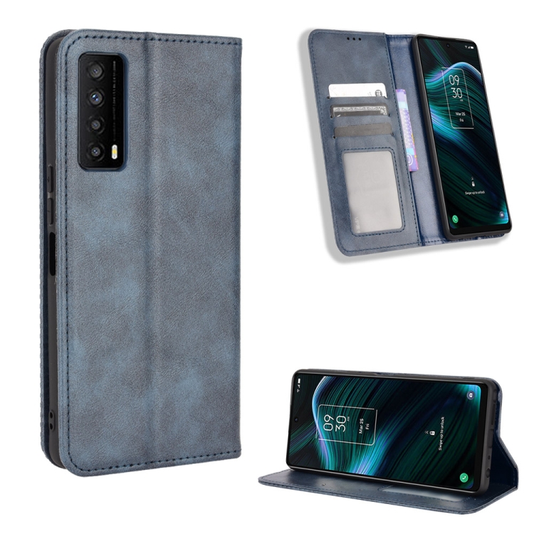 

For TCL Stylus 5G Magnetic Buckle Retro Texture Leather Phone Case(Blue)