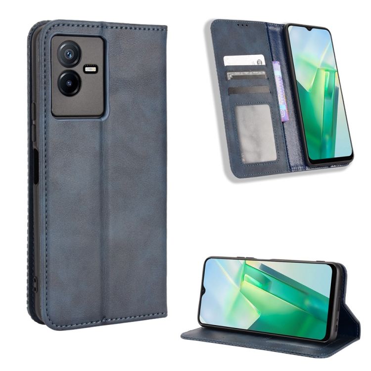 

For vivo T2X 5G Magnetic Buckle Retro Texture Leather Phone Case(Blue)