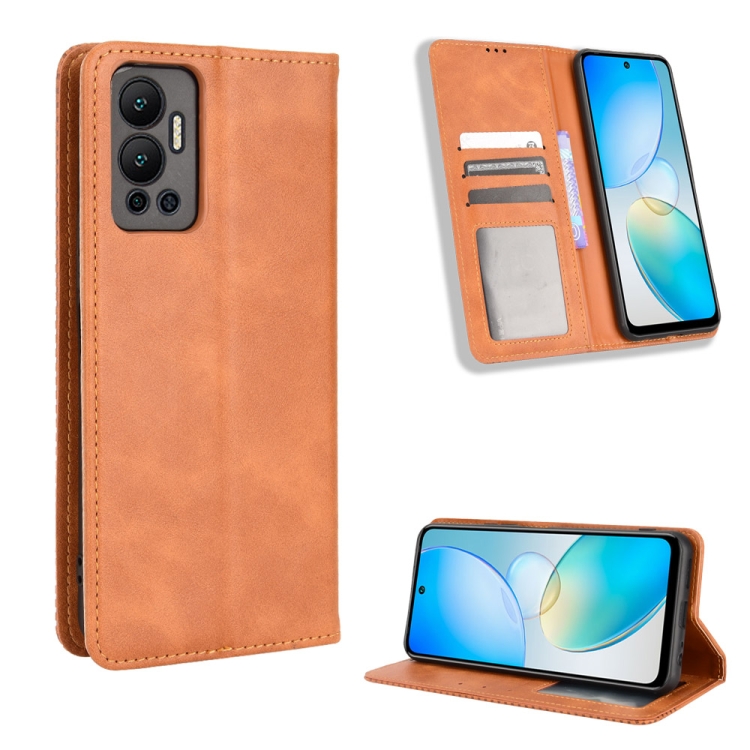 

For Infinix Hot 12 Magnetic Buckle Retro Texture Leather Phone Case(Brown)